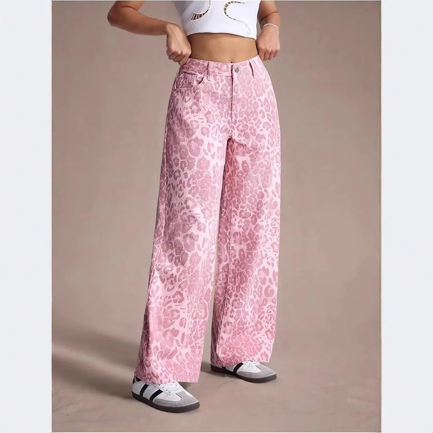 Denim Pant Women Jeans Vintage Wide Leg Long Pants Leopard Print High Waist Straight Trousers Y2k Streetwear Elegant Casual