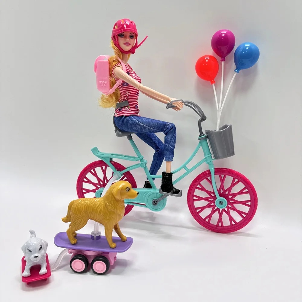 Prinses kleine pop van 30 cm met fiets en huisdier - verzamelpopaccessoires voor meisjes