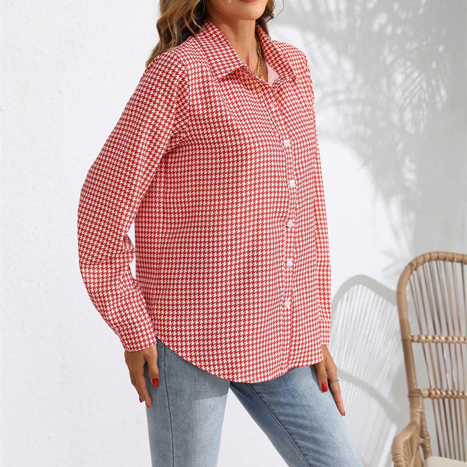 Women'S Houndstooth Print Shirts Autumn New Casual Long Sleeve Lapel Shirts Daily Commute Regular All-Match Blouse Tops