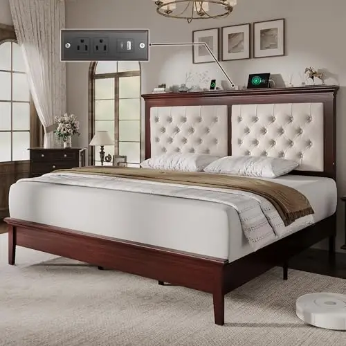 Solid Wood King Bed Frame 46” Tall Diamond-Tufted Upholstered Headboard, American Classic Flat-Top Bed, Stable