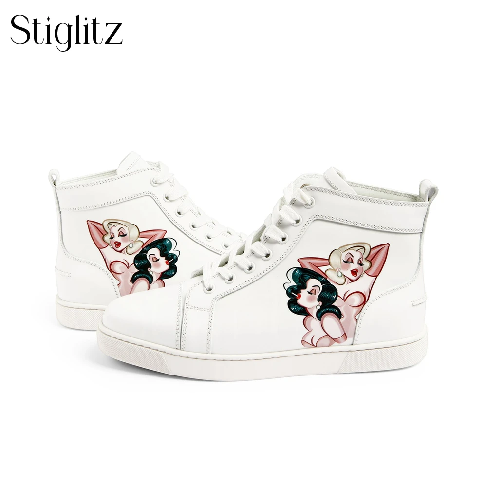 

Sexy Cute Stickers High-Top Sneakers White PU Leather Fashion Sneakers Lace up Round Toe Sleek Sneakers for Men Custom Colours