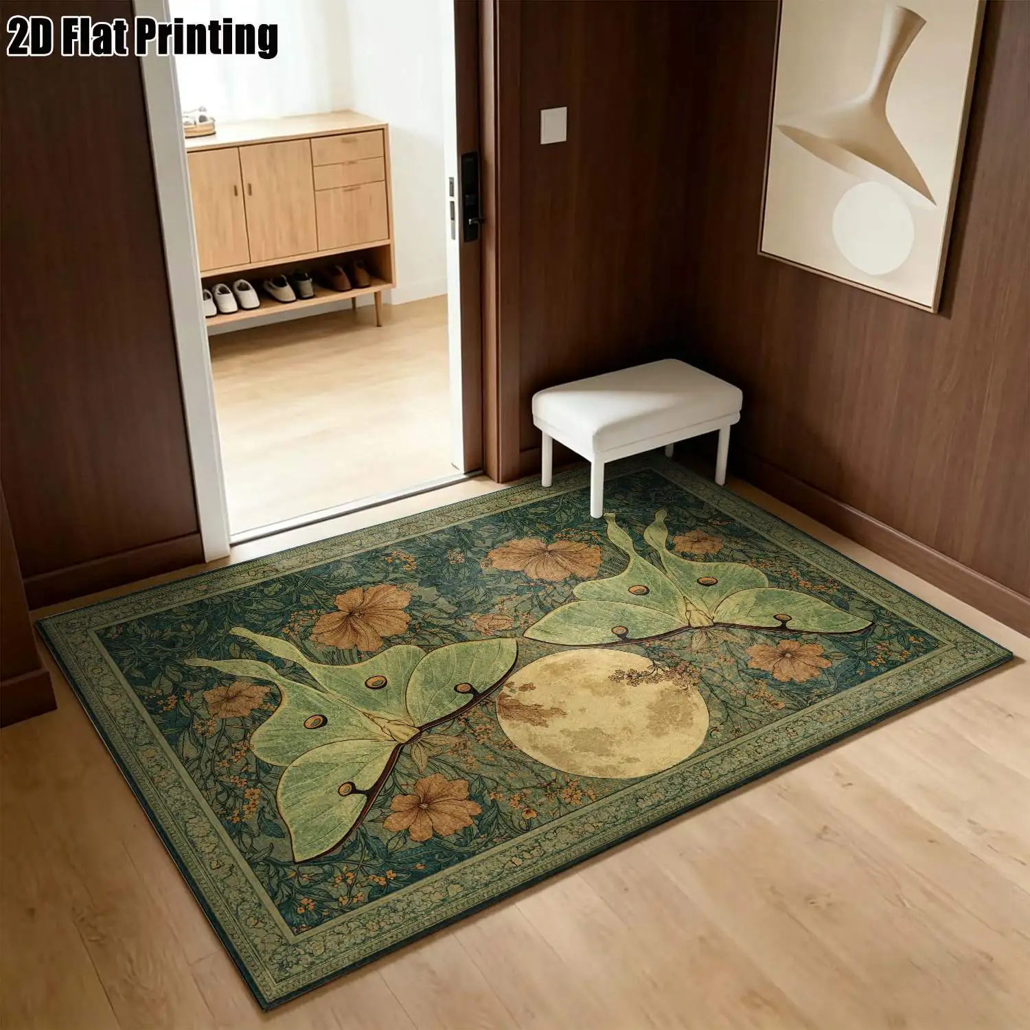 1Pc 2D Printed Carpet: Retro Green Base with Moon, Butterfly & Floral Patterns European-Style Home Decor Rug, Multi-Size, Machine Washable, for Entryway, Dining Room, Foyer, Bedroom, Living Room.