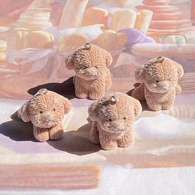 20Pcs 3D Cute Flocked Brown Teddy Dog Charms Cartoon Plush Animal Dog Resin Pendant For Keychain Earring DIY Crafts Jewelry Make