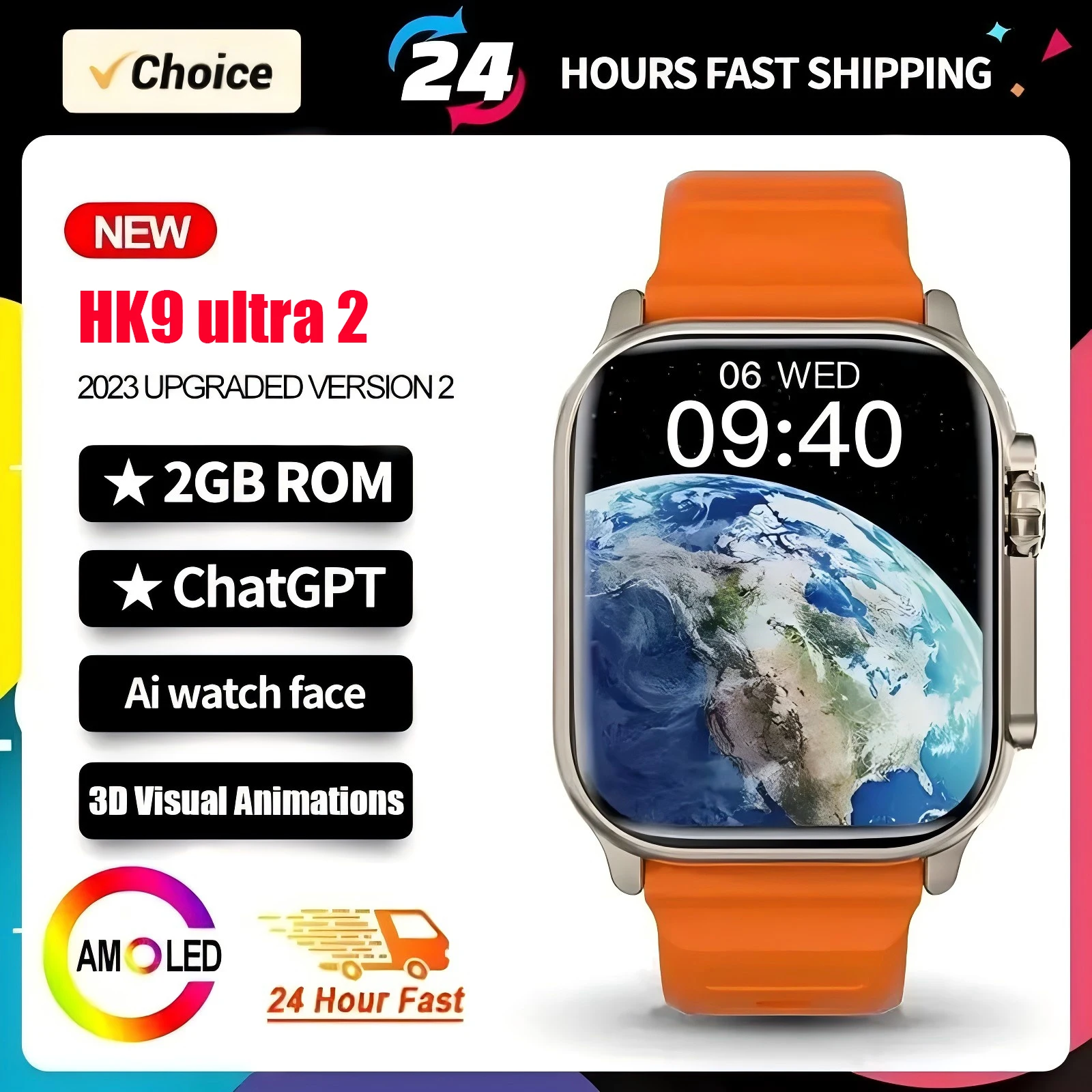 HK9 Ultra2 AMOLEDสมาร์ทนาฬิกาผู้ชายChat GPTเข็มทิศNFC Smartwatch 2GB ROM Gesture ControlนาฬิกาฟิตเนสสําหรับAndroid IOS 2024 ใหม่