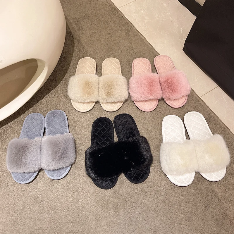 Casual Fluffy Slippers Women House Flat Warm Plush Designer Shoes Ladies Fashion Trend Winter Platform Footwear Elegant Open Toe