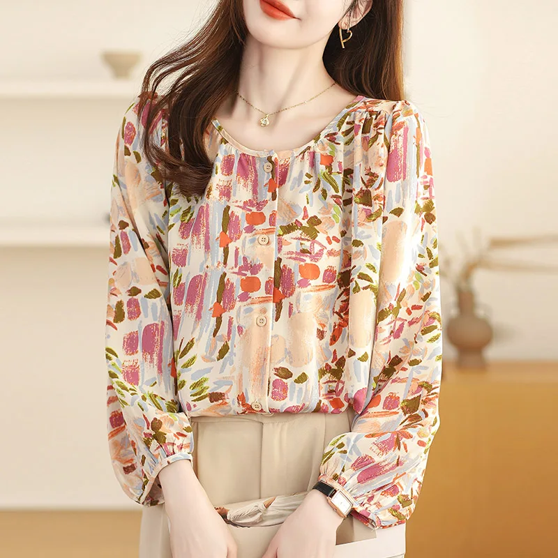 Women Clothing French Style Vintage Broken Flowers Print Shirts Spring Autumn Casual Loose O-neck Button Blouses Chic Y2k Tops