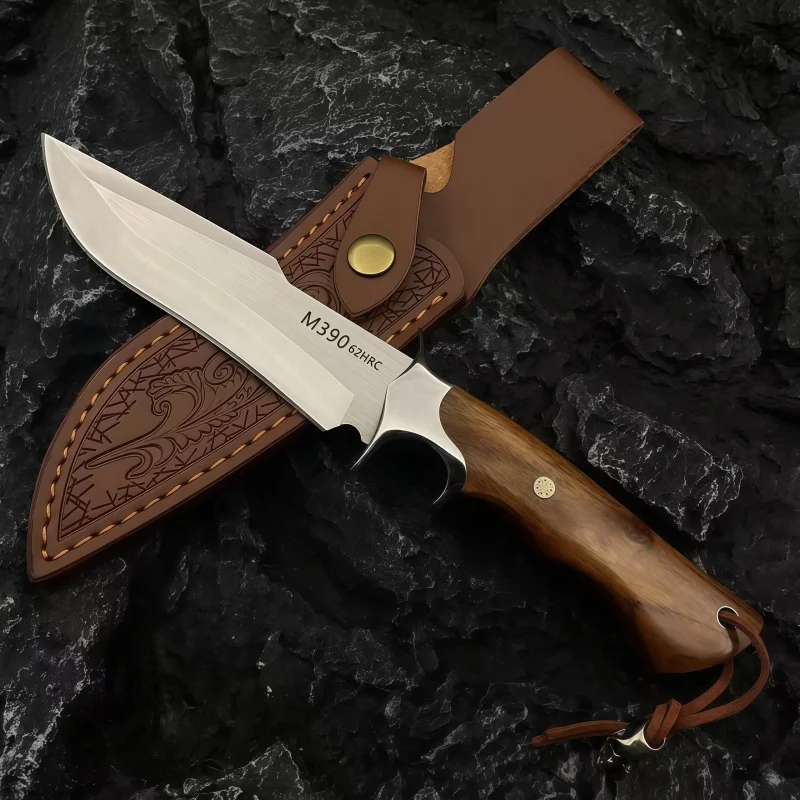 M390 Pattern Fixed Blade Collectible Display Knife, Natural Wood Handle Hand Craft Tool with Protective Sheath for Collection
