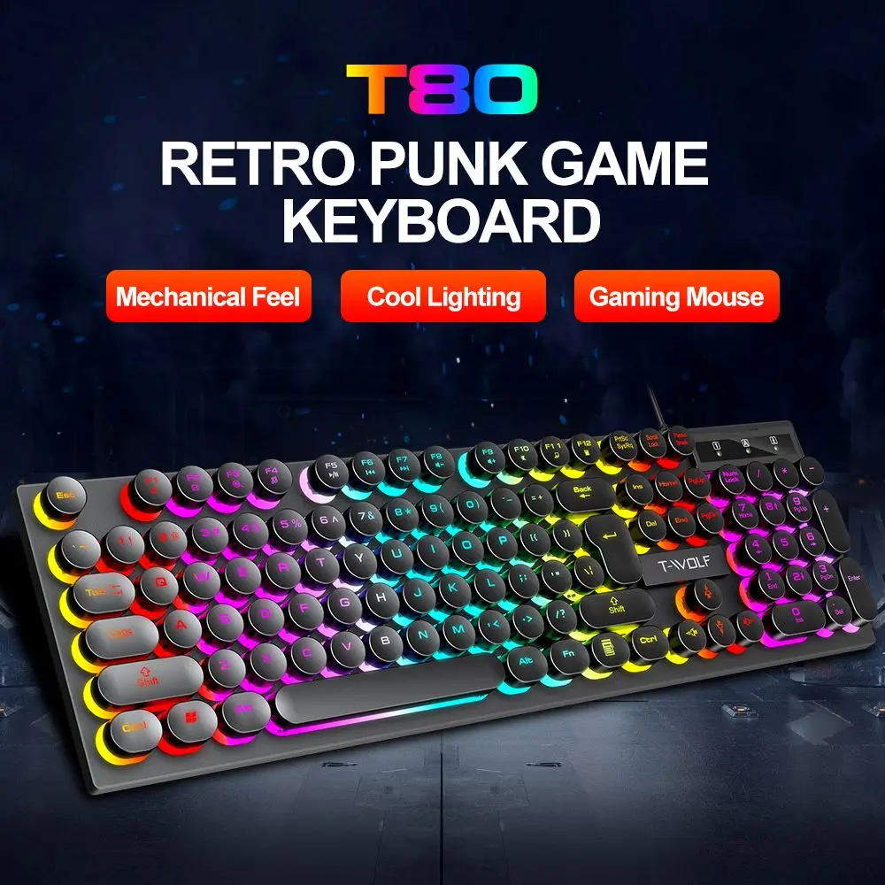 T-WOLF T80 oyun klavyesi kablolu aydınlık dizüstü ofis pembe Punk Retro klavye karakter şeffaf Punk yuvarlak Keycaps