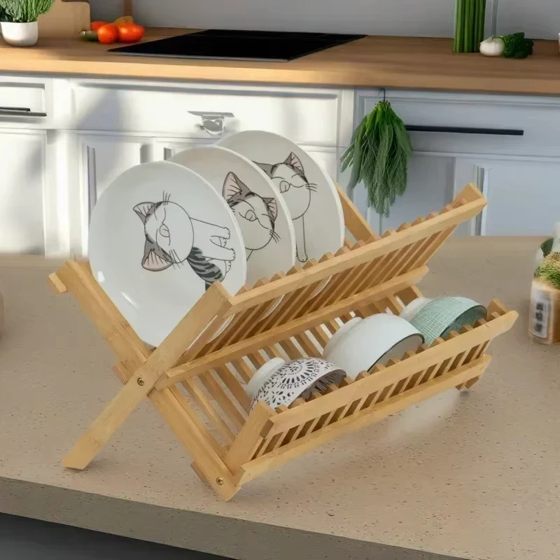 

Folding Bamboo Dish Drainer - Wooden Utensil Drying Rack and Plate Storage Holder