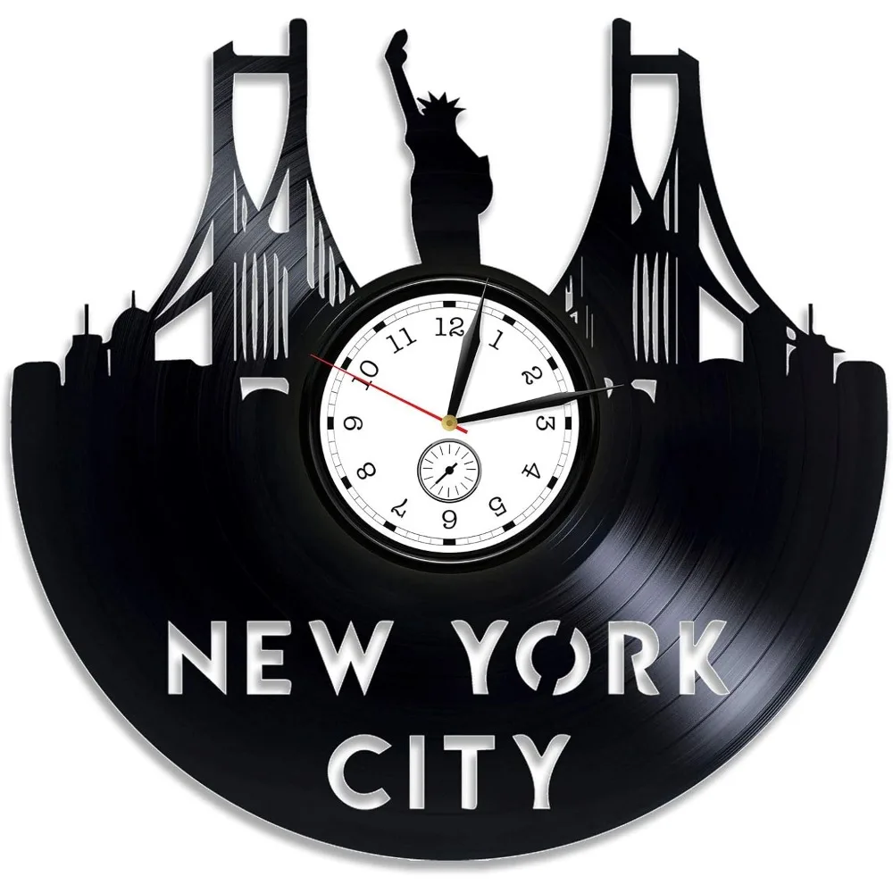 New York City Art Modern Wall Clock Home Decoration Statue of Liberty George Washington Bridge American Vinyl Record Wall Clock