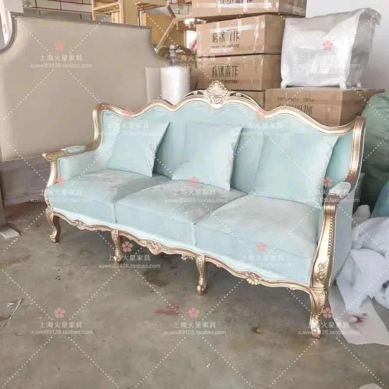 Light luxury solid wood velvet fabric living room sofa combination French engraved luxury three-person single sofa