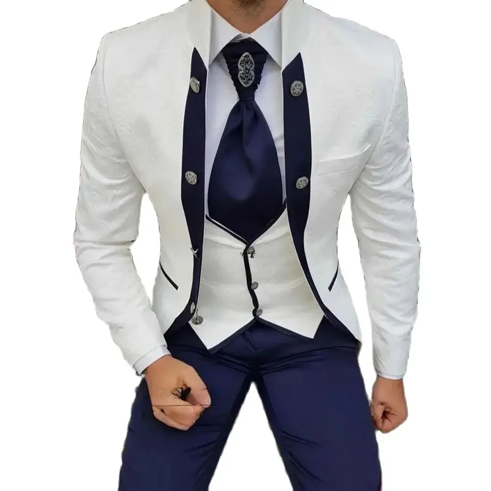 Elegant Jacquard Men Suits 3 Piece High-end Stand Collar Formal Male Suit Slim Fit Wedding Groom Tuxedo (Blazer+Vest+Pants)