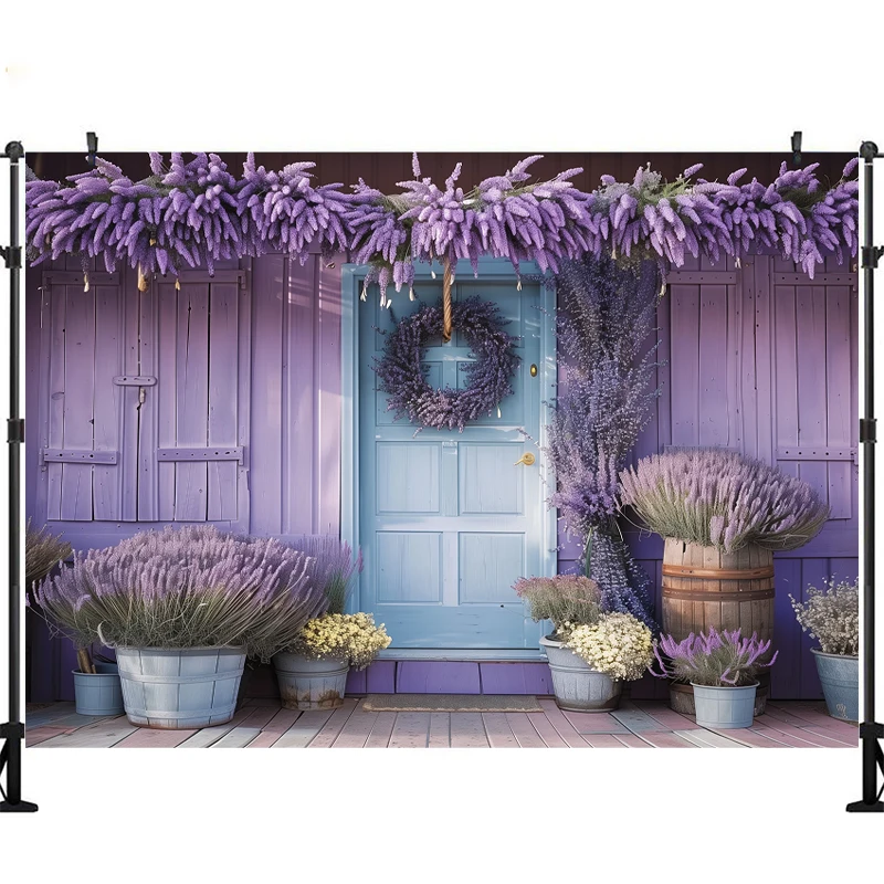 LS Fotografie Achtergrond Volwassen Portret Decor Paarse Lavendel Krans Blauwe Deur Houten Gestreepte Muur Achtergrond Fotostudio