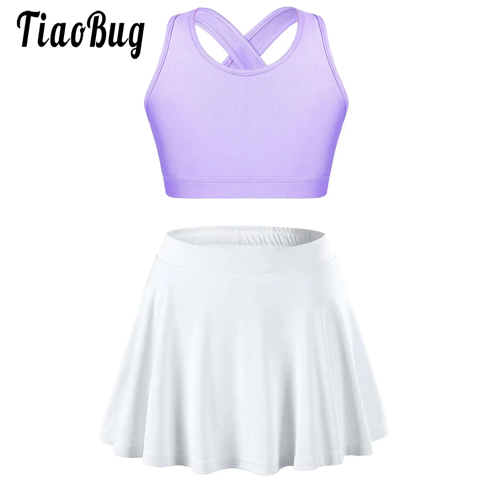 

Kids Girls Sports Set Tennis Badminton Yoga Clothes Summer Sleeveless U Neck Crop Top with Pleated Skirt Outfit for Dancing Yoga