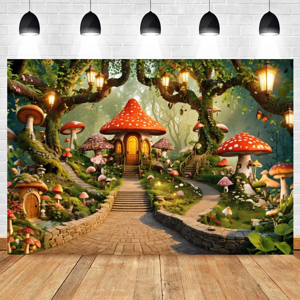 Enchanted Forest Backdrop Fairy Tale Mushroom Tree House Baby Shower Kid Birthday Party Photography Background Photo Studio Prop