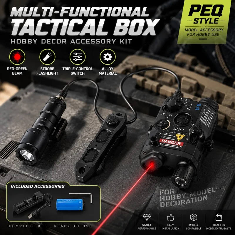 PEQ15 Inspired Alloy Hobby Display Accessory, Red‑Green Beam Module, Strobe Flashlight with Triple‑Control Wired Trigger