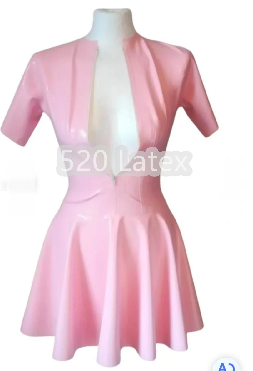 

Women's Exotic Natural Latex Dress Sexy Bodycon Skate Dress Short Sleeve Bottom Flare Mini Pink Dress Lingerie Rubber Skirt