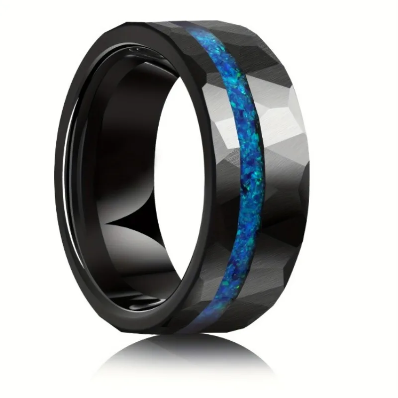 Fashion Wedding Ring Electric Black 8mm Hammered Tungsten Ring with Blue Auburn Men\'s Business Accessories Ring Jewelry