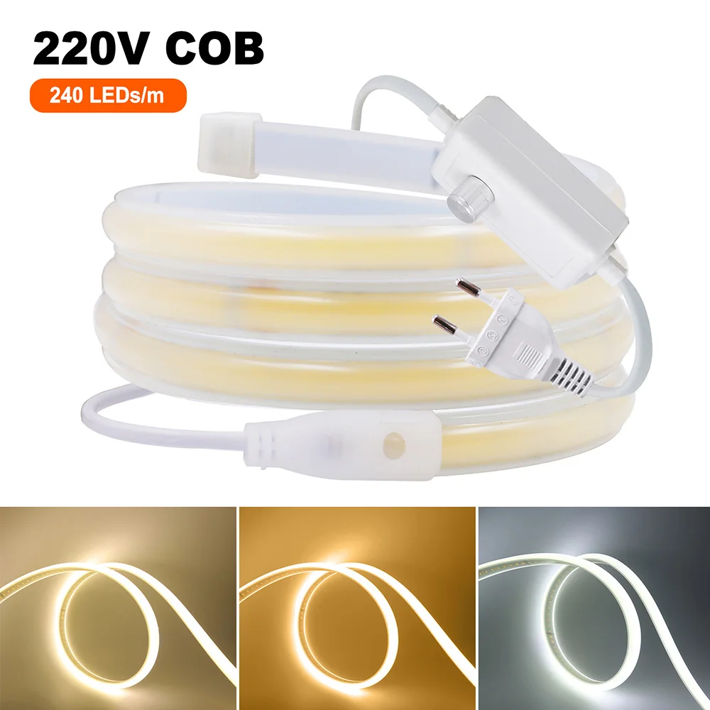 Dimmable COB LED Neon COB Strip Light AC 220V Silicone Neon Lights with Switch Dimmer EU Power Kit Warm White Linear lighting