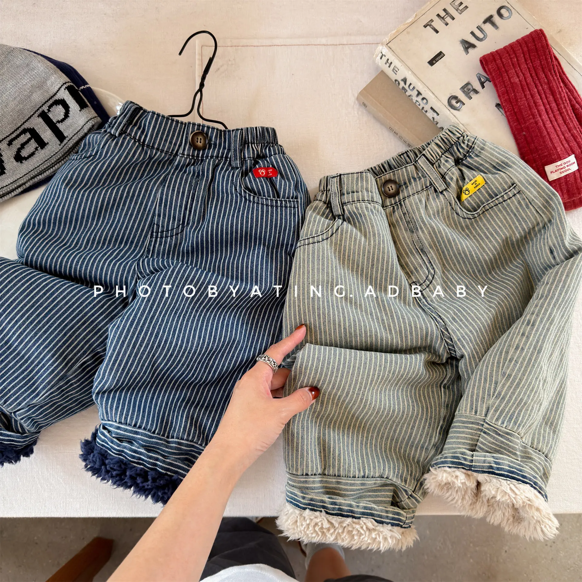 

2025 Winter New Children Plus Velvet Thick Casual Pants Boys Girls Fleece Jeans Kids Striped Cotton Padded Trousers Baby Clothes