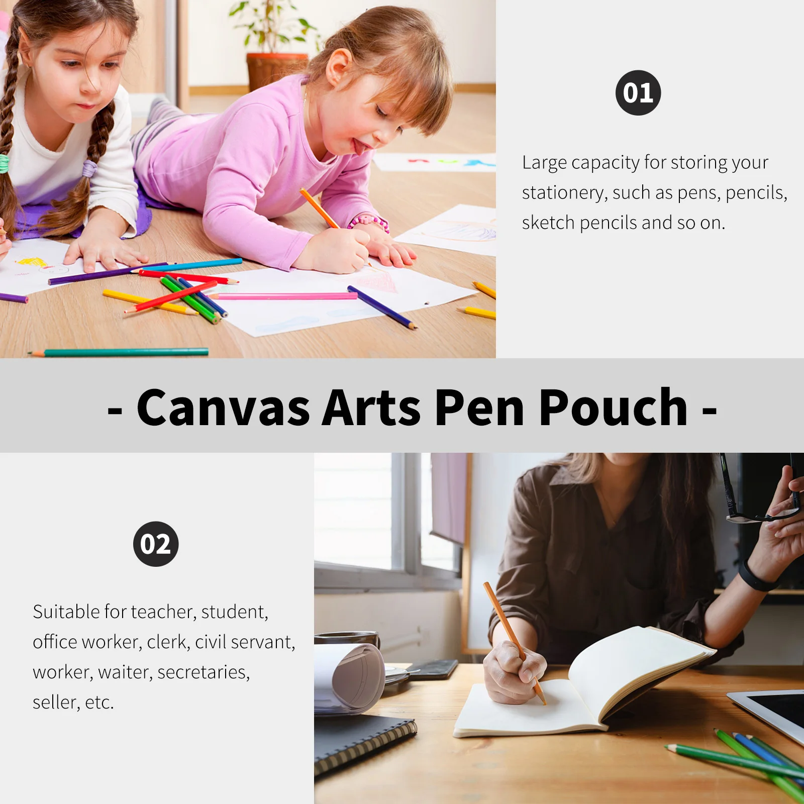 大容量キャンバス文具バッグ-洗える素材-スムーズなジッパーデザイン-学校やオフィスでの使用に最適-ペンシルオーガナイザー