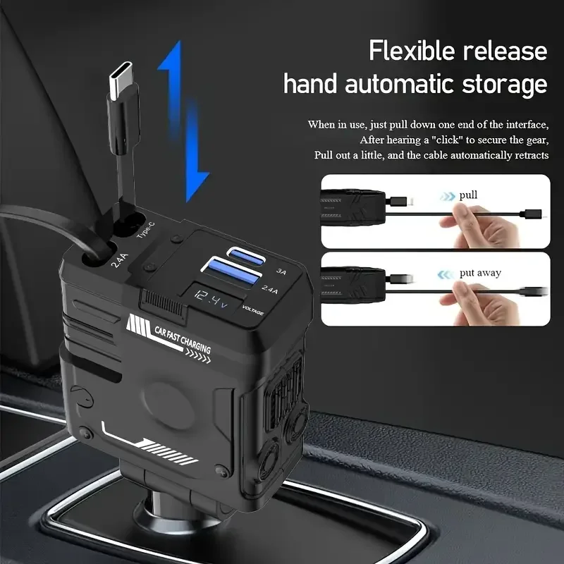 KINLANAO Retractable Car Charger 4 in 1 Fast Charging Car Charger 120W  Retractable Cable and 2 USB Ports Car Charger Adapter