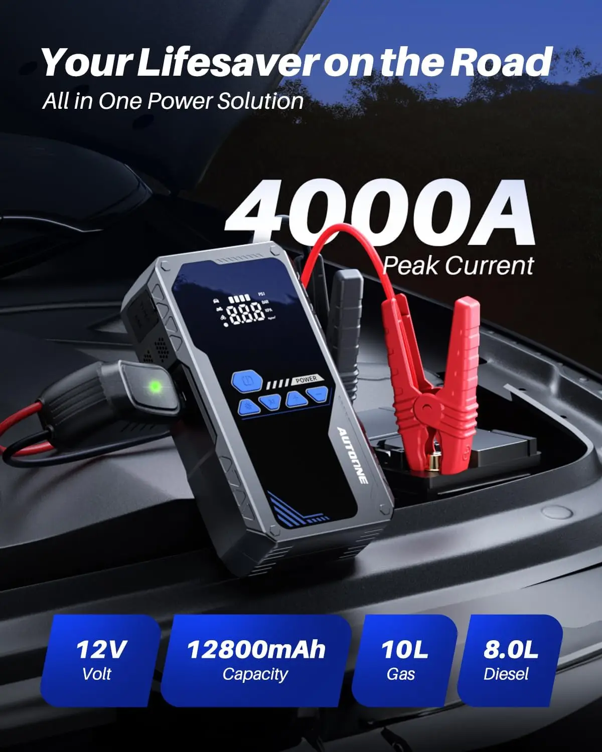 Autoone 4000A Jump Starter With Air Compressor (10L Gas/8.0L Diesel), 150Psi Car Battery Jumper Starter Portable, 12800Mah Jump