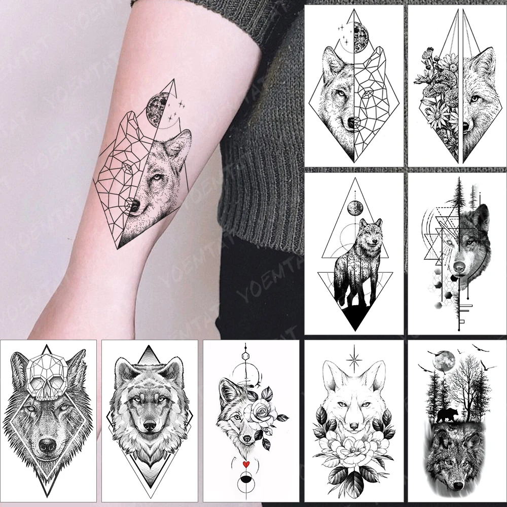 

Children's Wolf Animal Line Explicit Waterproof Temporary Tattoo Sticker Face Arm Art For Kids Women Men Fake Tattoos Mini Tato