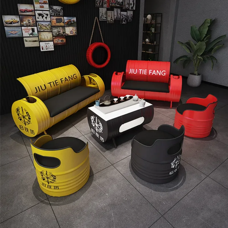 Creative Oil Drum Card Seat Bar Table and Chair Combination Industrial Style Commercial Wrought Iron Sofa Set for KTV Coffee