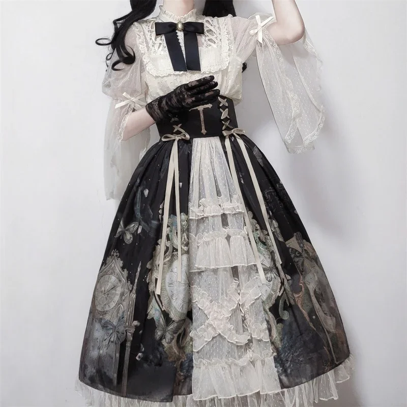 Robe Lolita gothique victorienne pour femmes, Kawaii, manches en dentelle, chemisiers, imprimé papillon, jupe de princesse, Vintage, élégance, ensembles