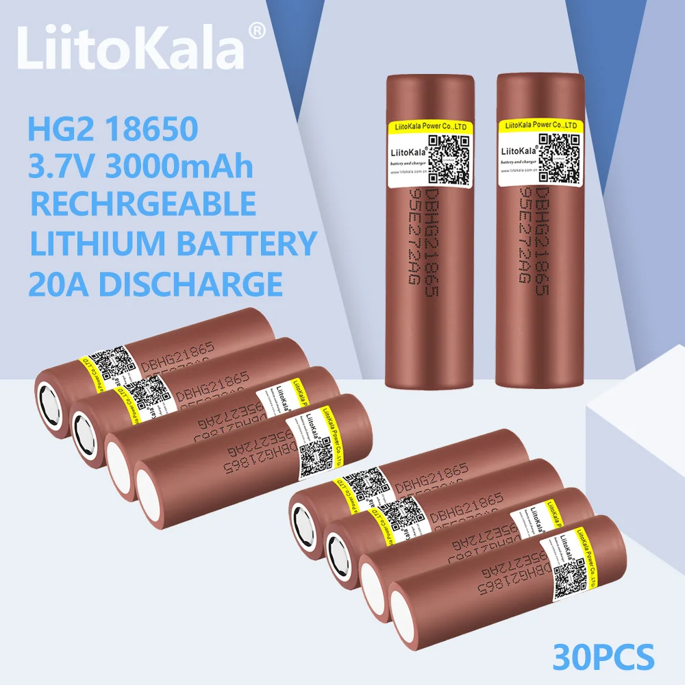 30PCS Liitokala New Original HG2 18650 3000mAh battery 18650HG2 3.6V discharge 20A dedicated For hg2 Power Rechargeable battery