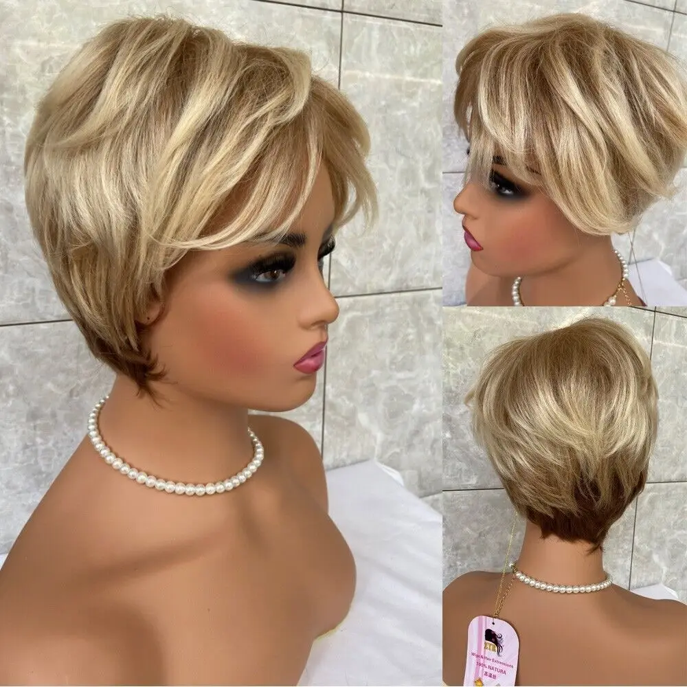 Short Layered Straight Human Hair Blend Heat Ok Blonde Mix Two Tones Wig Women