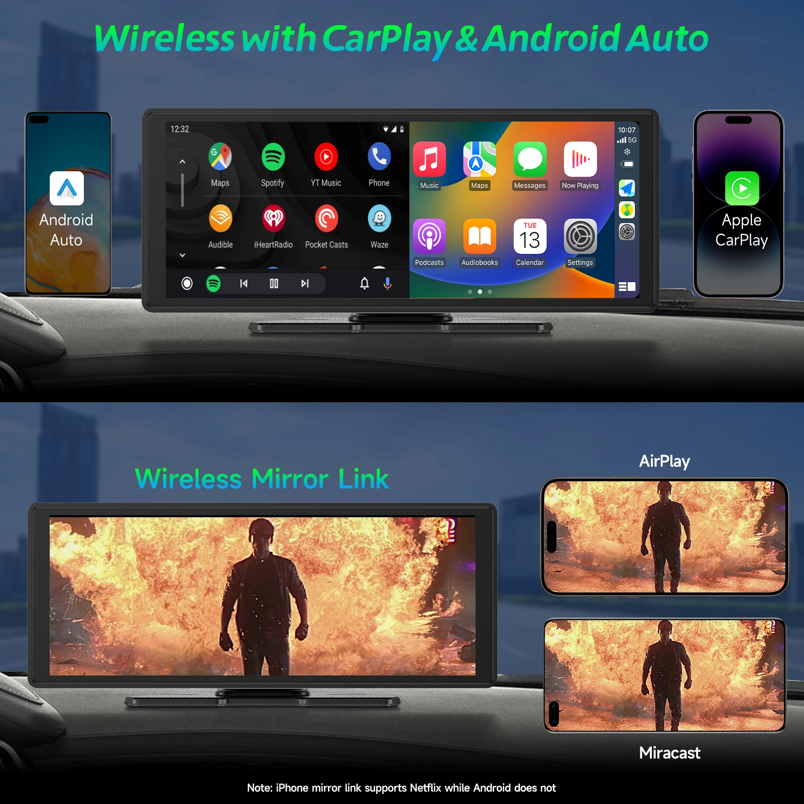 

9.3" HD IPS 2K Dash Cam Portable Screen Wireless CarPlay ＆ Android Auto with 1080P Backup Camera -860L