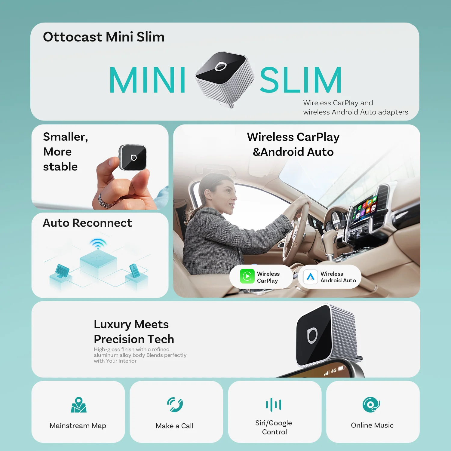 Ottocast Mini Slim Wireless CarPlay Android Auto Adapter USB Dongle Plug Play Bluetooth 5.0 Wifi Auto Connect for 98% of Cars
