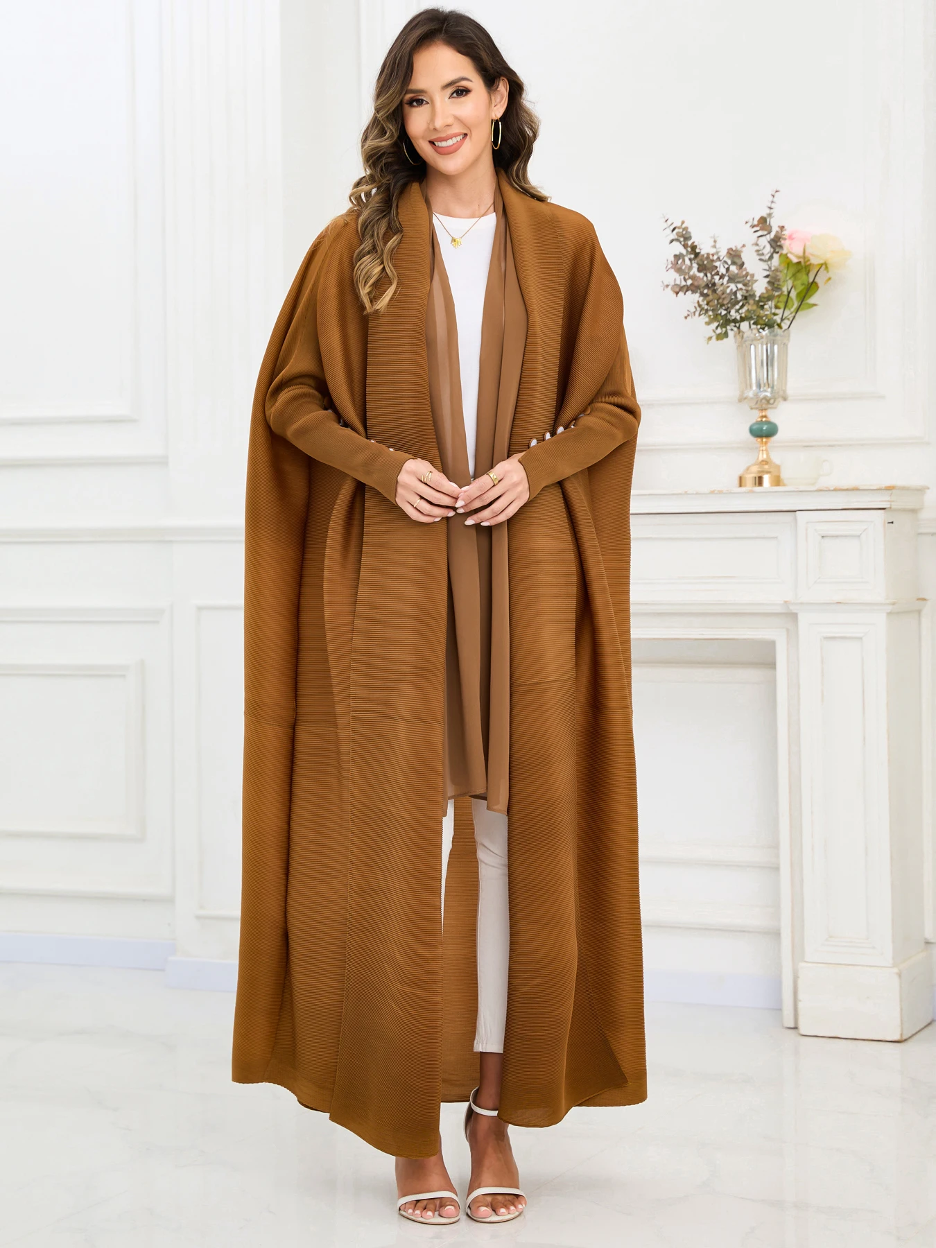 

Eid Dark Brown Abaya Dubai Luxury For Women Middle Eastern Formal Robe Miyake Pleated Long Sleeve Coat Female Prom Ball Gown