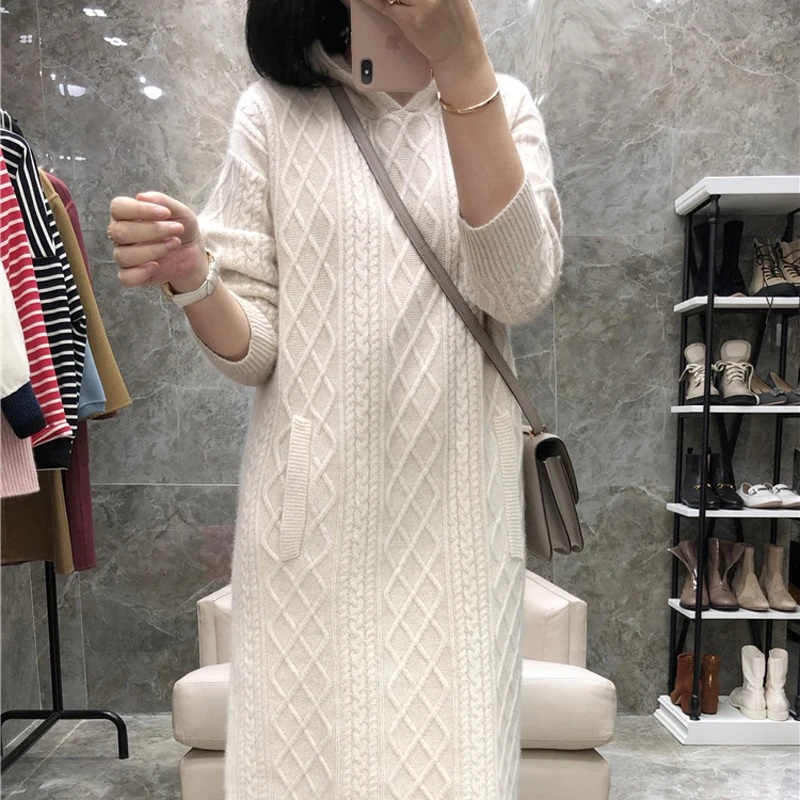 

Sweater skirt women's high-end pure cashmere hooded thickened bottoming shirt knitted dress in autumn and winter.