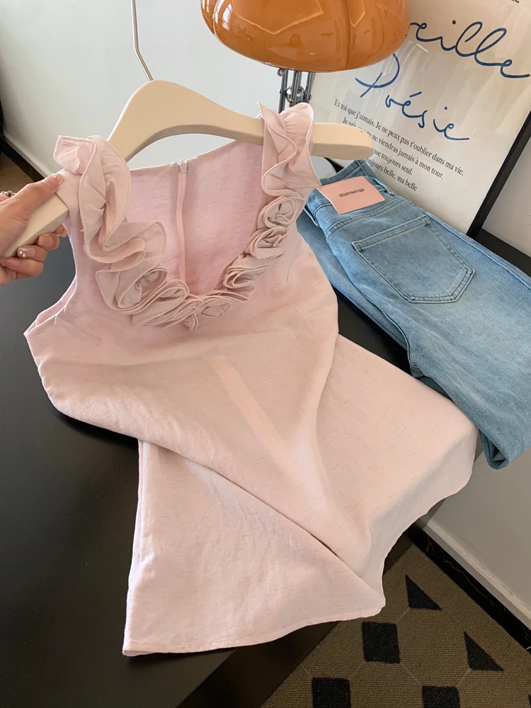 Rosa Spitzenbesatz V-Ne Loose Svel Weste Top Damen Sommer Faionable Age-Defng Ele Sle Lässige bequeme Bluse