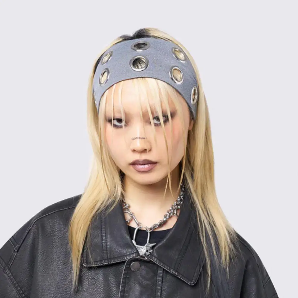 

Y2K выдолбленные люверсы, широкая эластичная повязка на голову, эластичная металлическая повязка для волос в стиле рок, модная простая бандана, аксессуары для волос в стиле стимпанк