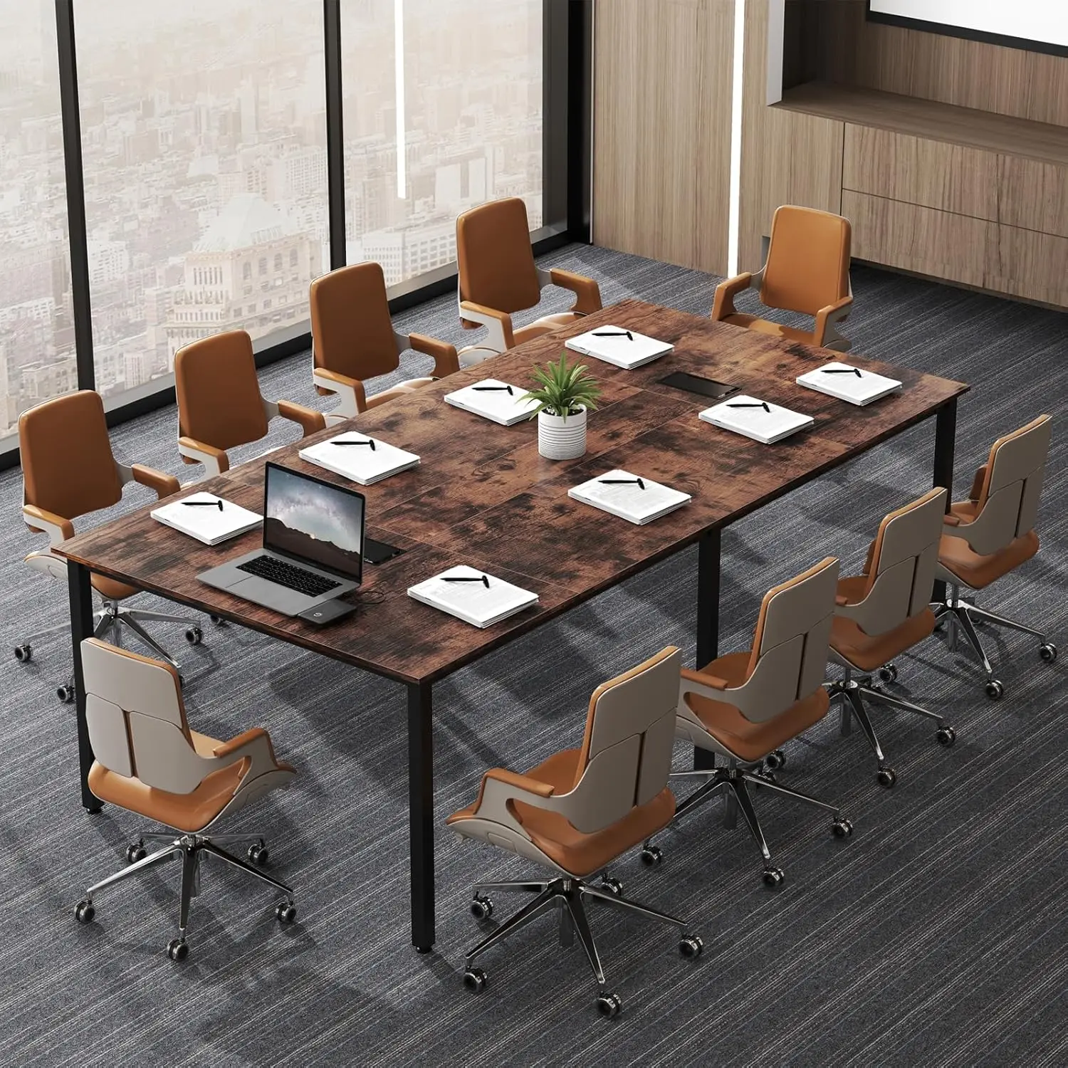 

94.5x48 Conference Table 8-10 Person Metal Frame Cable Grommets Office Meeting Room Brown Customized