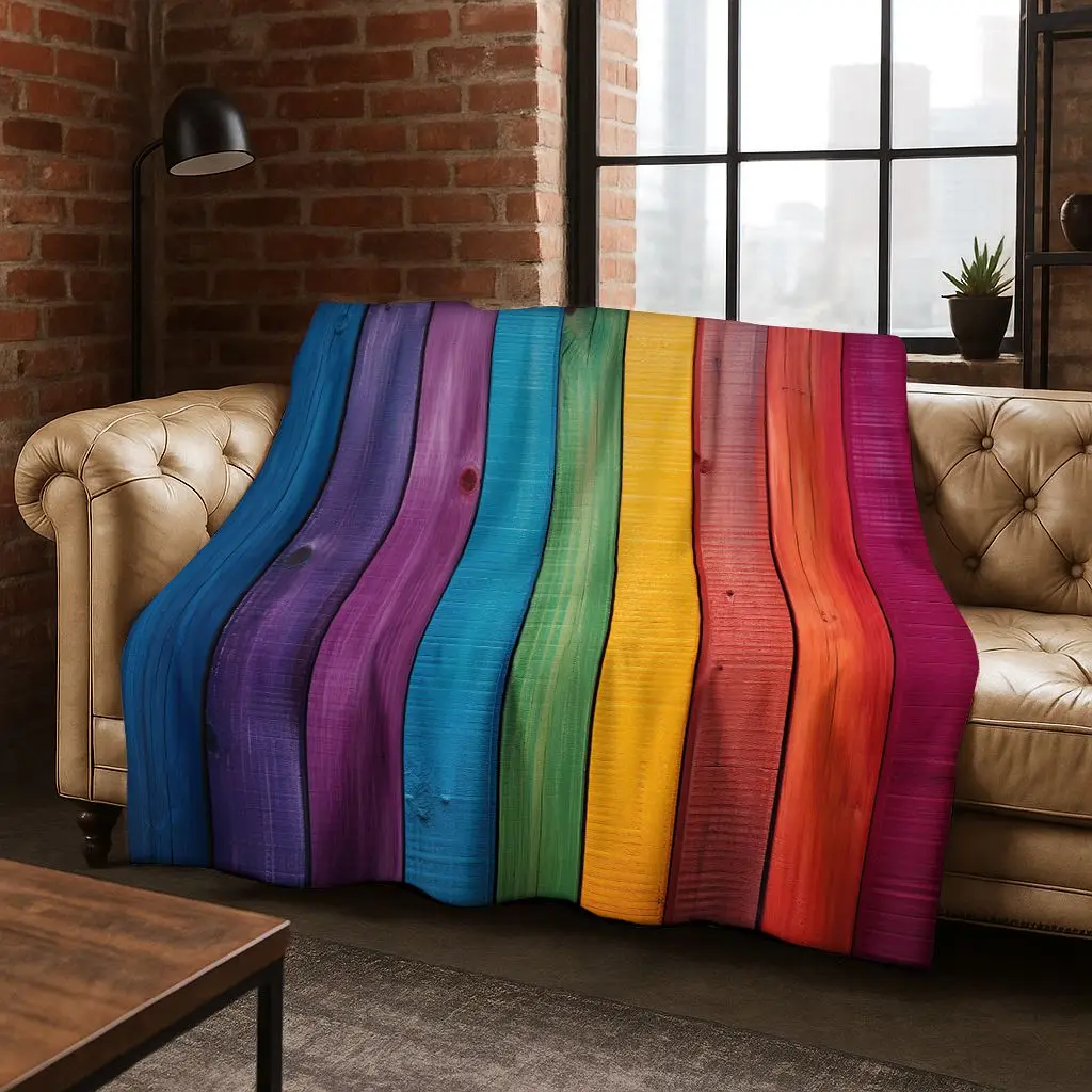Rainbow Retro Wooden Board Black Brown Wood Grain Flannel Blanket,Cozy Soft Throw Blanket for Home Bedroom Bed Sofa Cover Gift