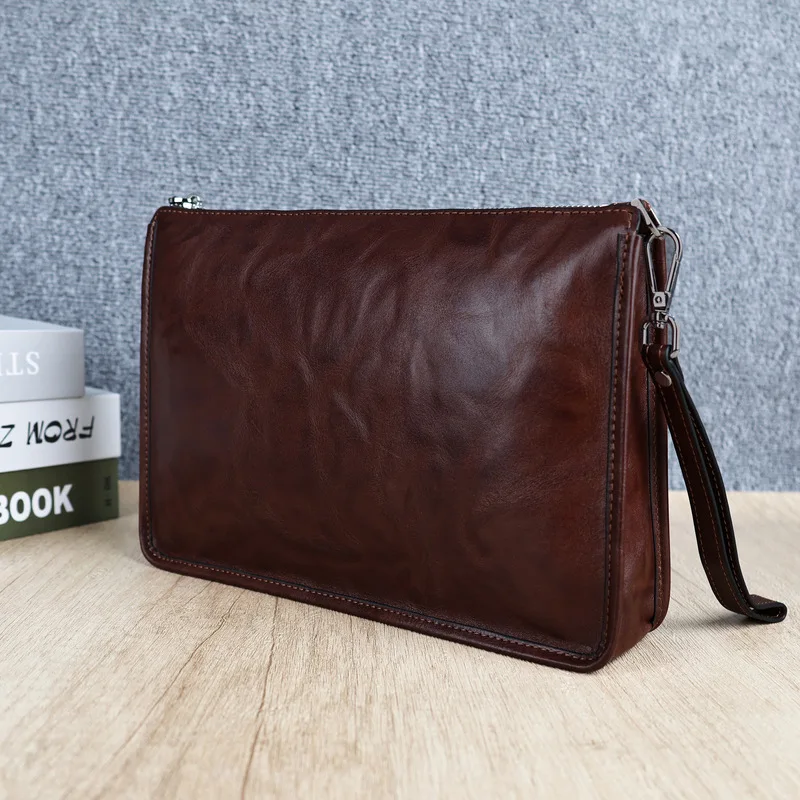 Men's Top Layer Cowhide Leather Large Capacity Business Envelope Clutch Wallet Urban Simple Style Waterproof Wear-resistant