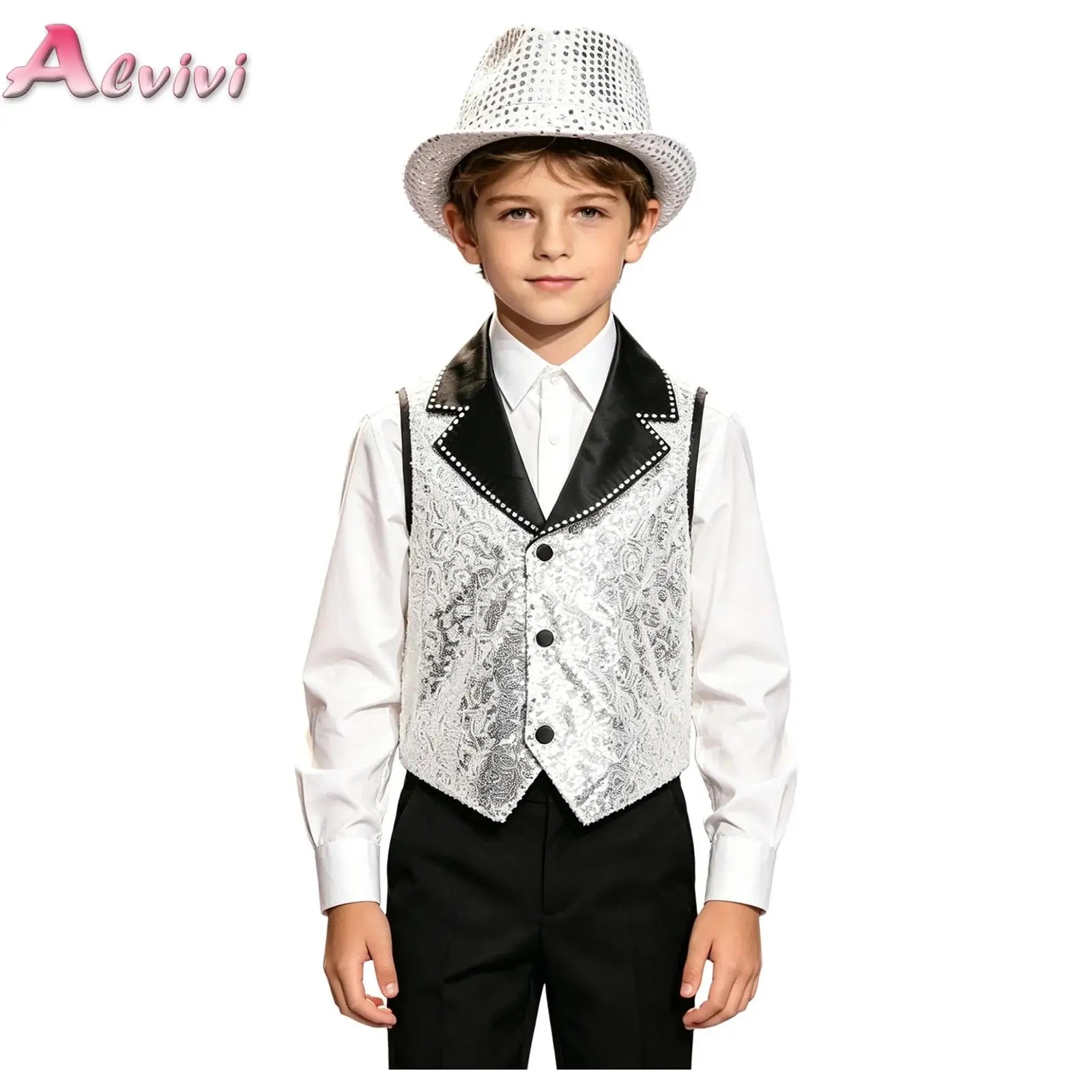Kids Boys Girls Jazz Dance Performance Outfit Cap Sleeves Asymmetrical Hem Sequin Tassel Metallic Street Latin Vest with Hat Set