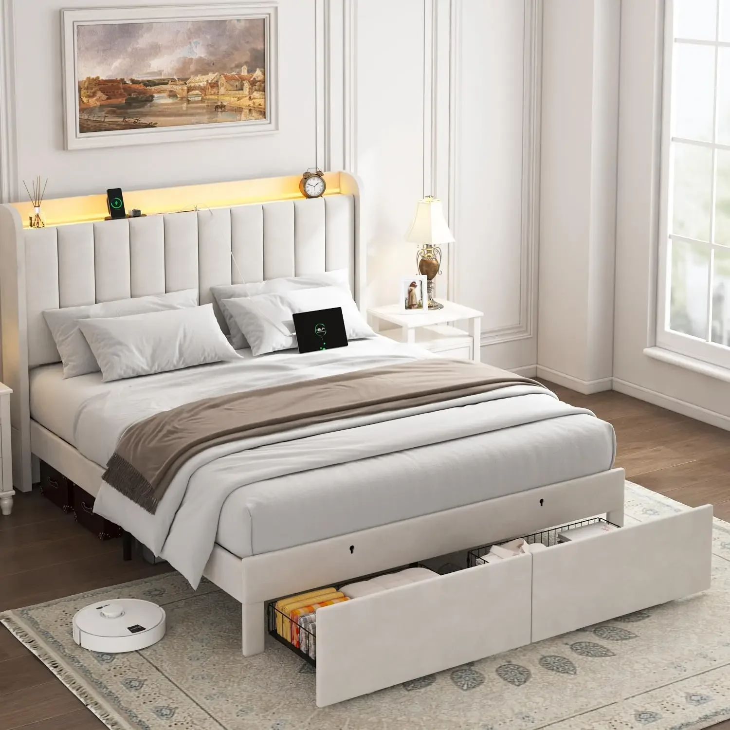 

Full Size Bed Frame with Storage Headboard, Upholstered Platform Bed Frame with LED Lights, Drawers, No Box Spring Needed, Beige