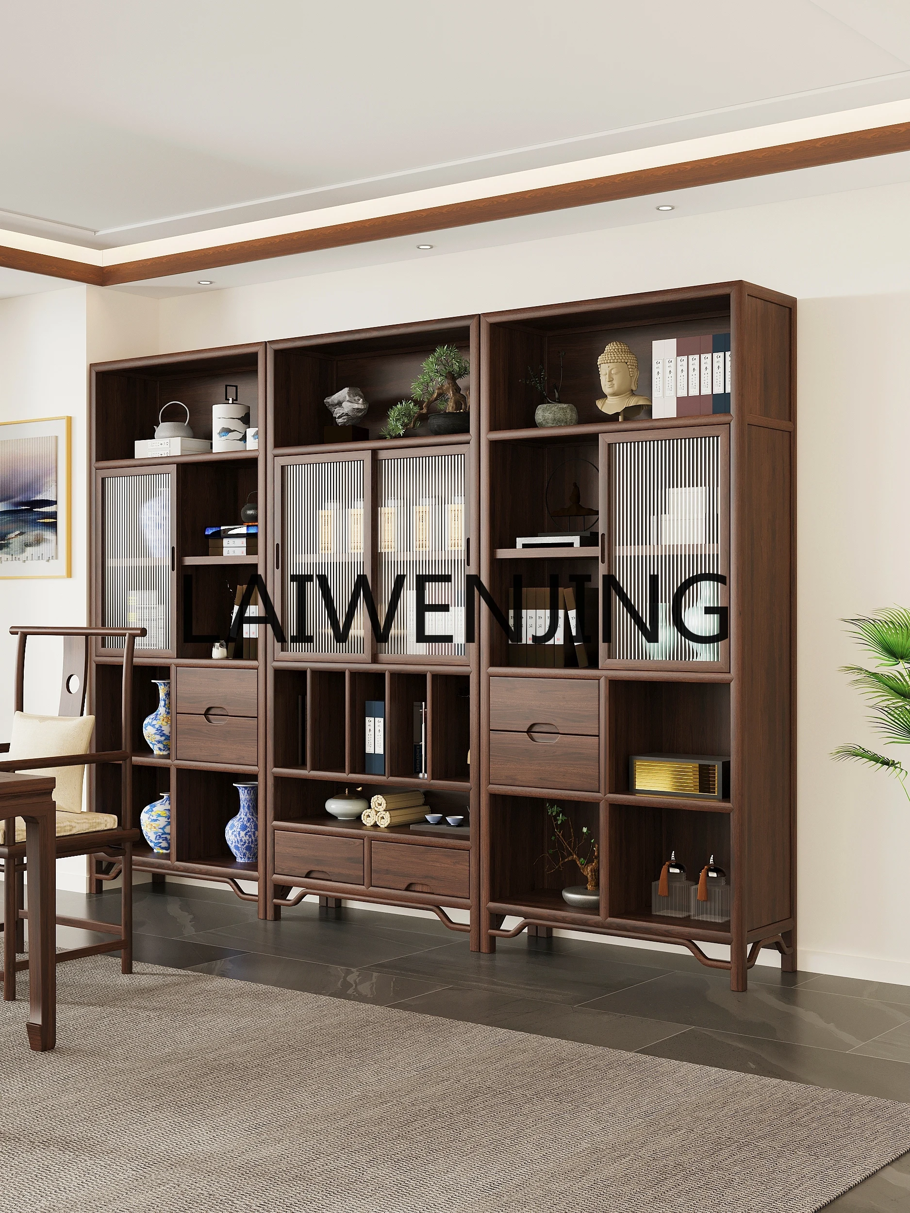 

Chinese-Style Solid Wood Antique Shelf Sliding Glass Door Bookshelf Living Room Floor Tea Room Storage Cabinet