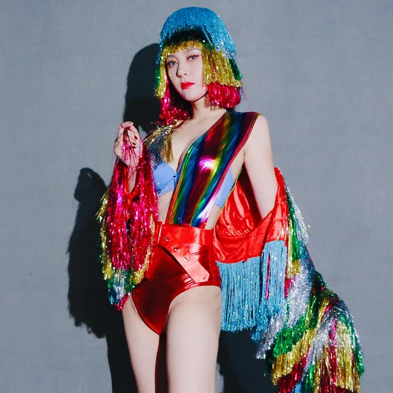 Festival Outfit Rainbow Fringe Coat Stage Costume Sexy body Nightclub Gogo Dancer Stage Wear Drag Queen Clothes