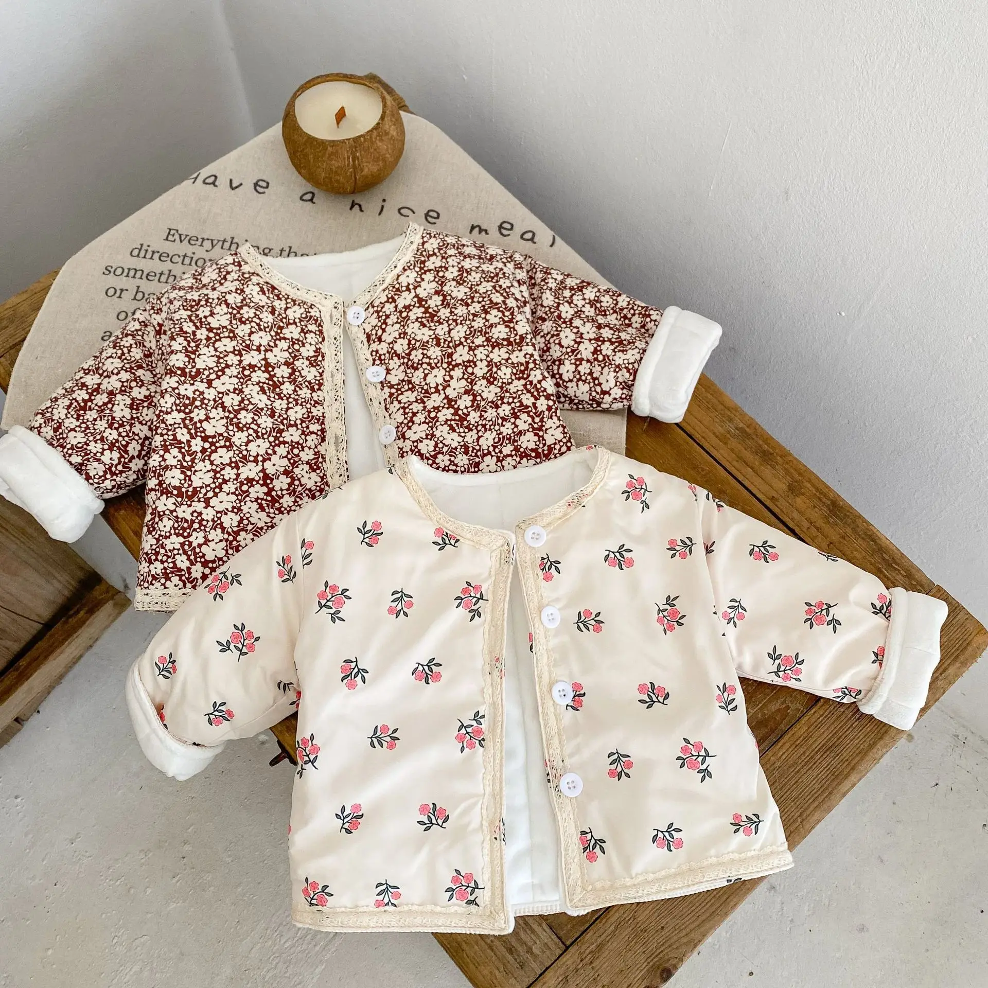 

Winter New 0-3 Year Old Girl Baby and Children's Cotton Coat Thickened Long Sleeve Lace Fragmented Cotton Clip Cardigan Coat