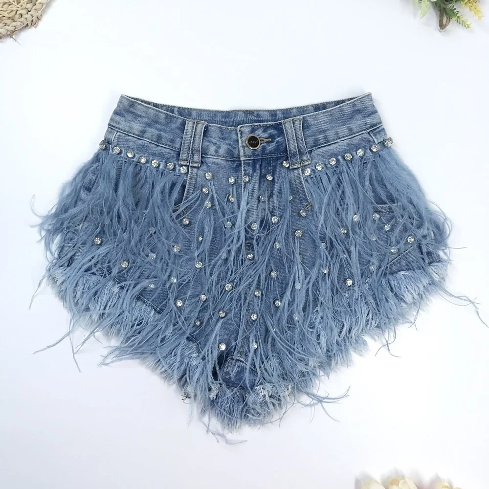 Rhinestone Beaded Exquisite Feather High Waist Denim for Women's Blue Jeans Shorts DS Nightclub Sexy Hot Pants Fashion