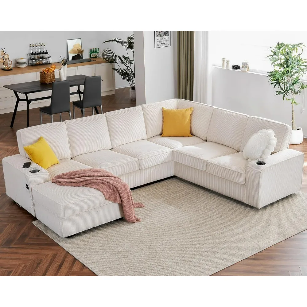 Sofa, 112 Inch U Shaped Sofa with USB Ports, Corduroy Sectional Sofa Couch with Storage Chaise for Living Room, Oversized Sofa