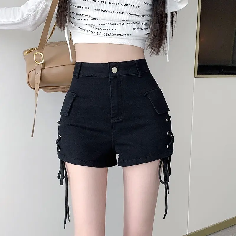 Summer High Waist Elastic Shorts Solid Color All-match Stylish Bandage Women\'s Clothing Hotsweet Spliced Korean Straight Shorts