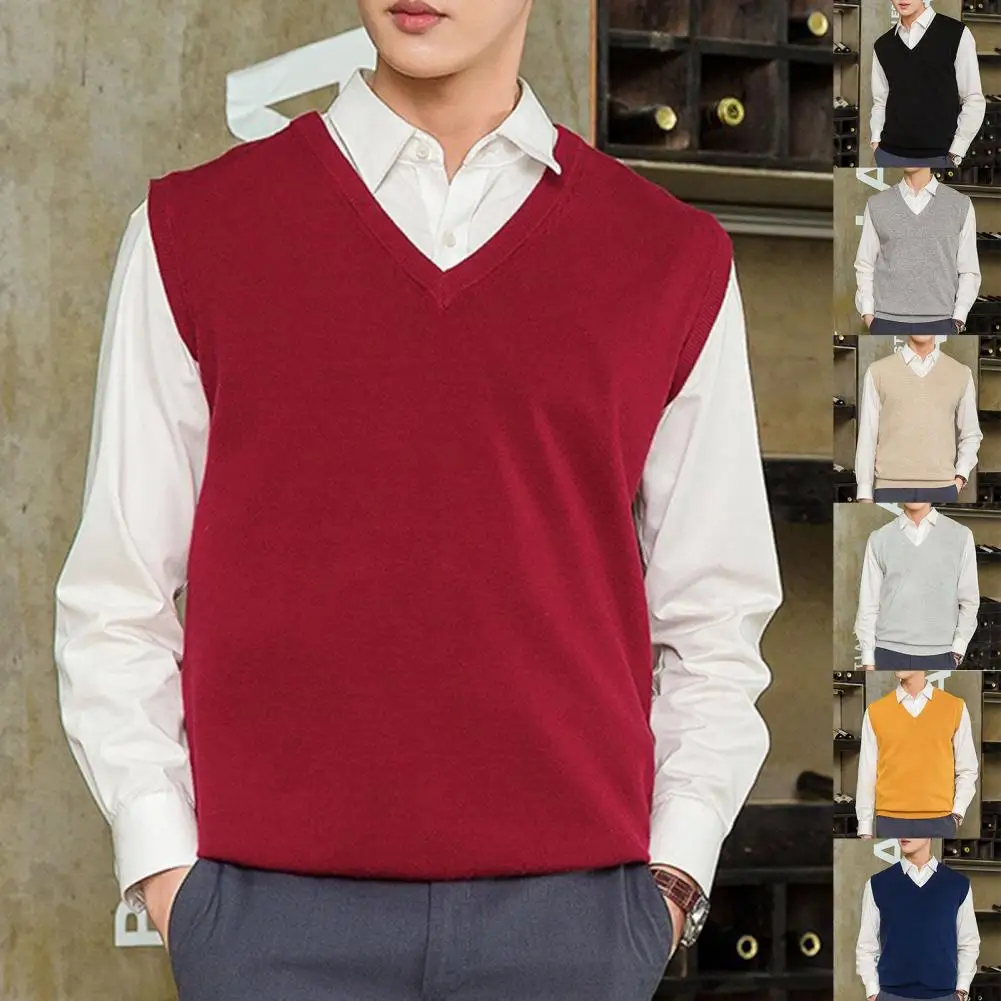 Sweater Vest Top Comfortable Anti-pilling Breathable Men Solid Color V-neck Pullover Waistcoat Men Knitted Vest All-Match